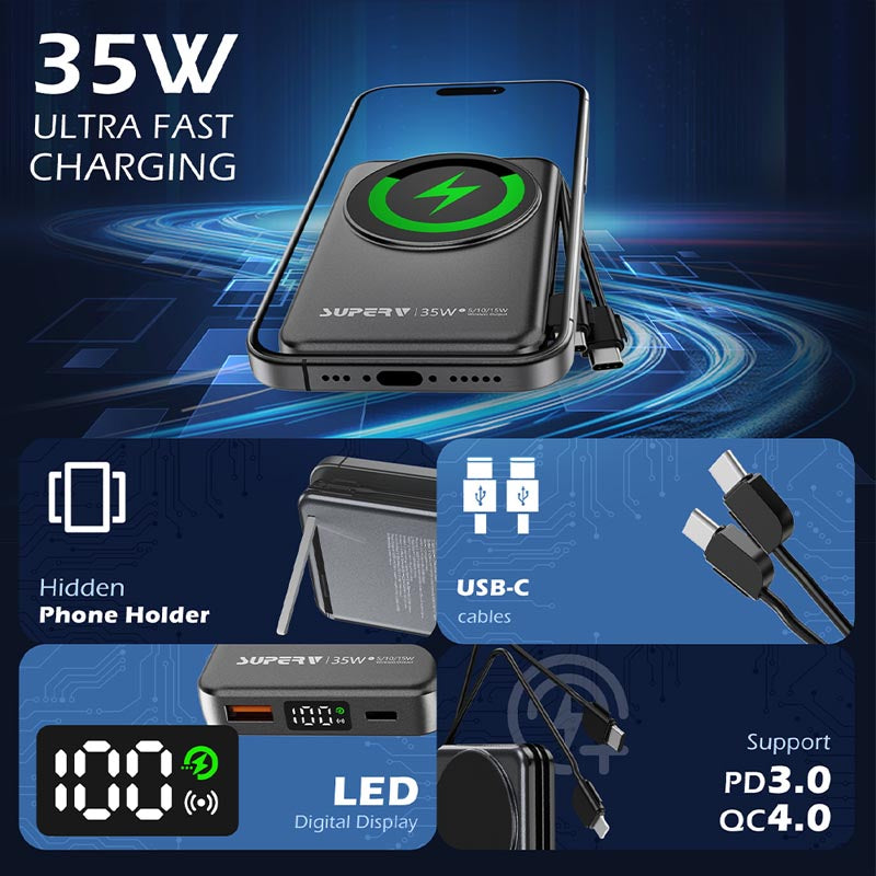 SuperV Power 11-C 35W 10000mah with Built in C cable Power Bank (Black)