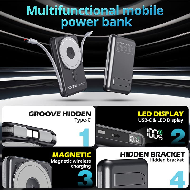 SuperV Power 13 20W 10000mAh with Build in C Cable Power Bank (Black)