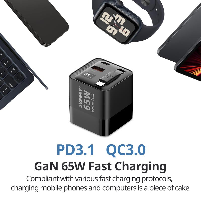 SuperV G45-BK 65W Universal Travel Adapter with Build in 80cm C Cable (White)