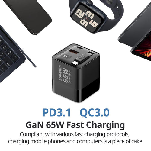 SuperV G45-BK 65W Universal Travel Adapter with Build in 80cm C Cable (White)