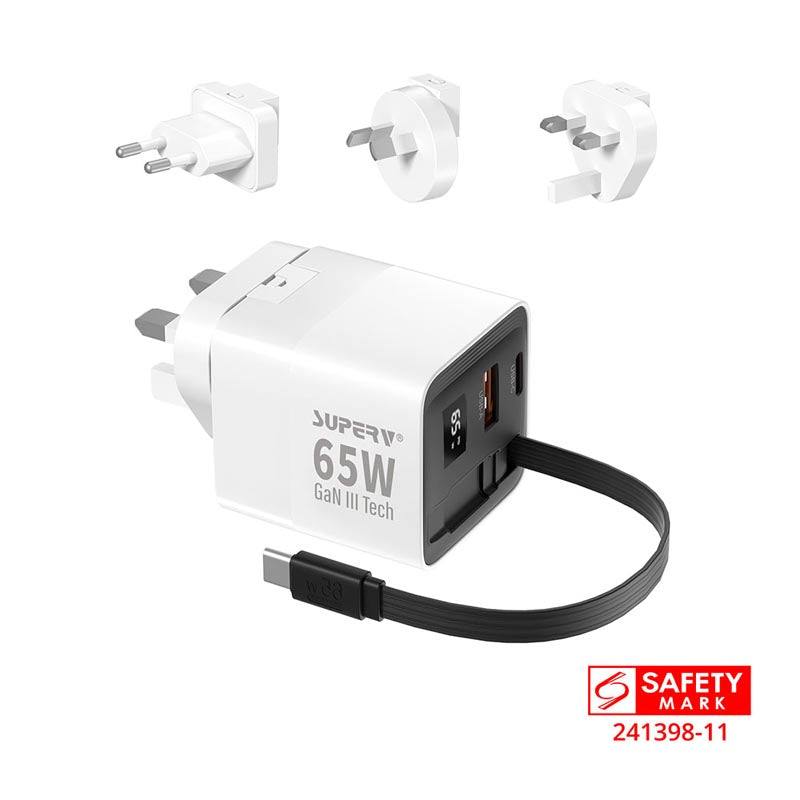 SuperV G45-BK 65W Universal Travel Adapter with Build in 80cm C Cable (White)