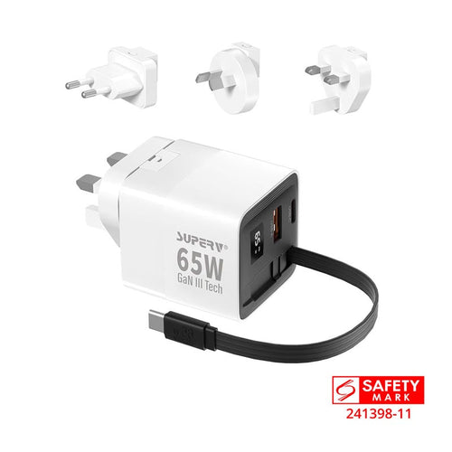SuperV G45-BK 65W Universal Travel Adapter with Build in 80cm C Cable (White)