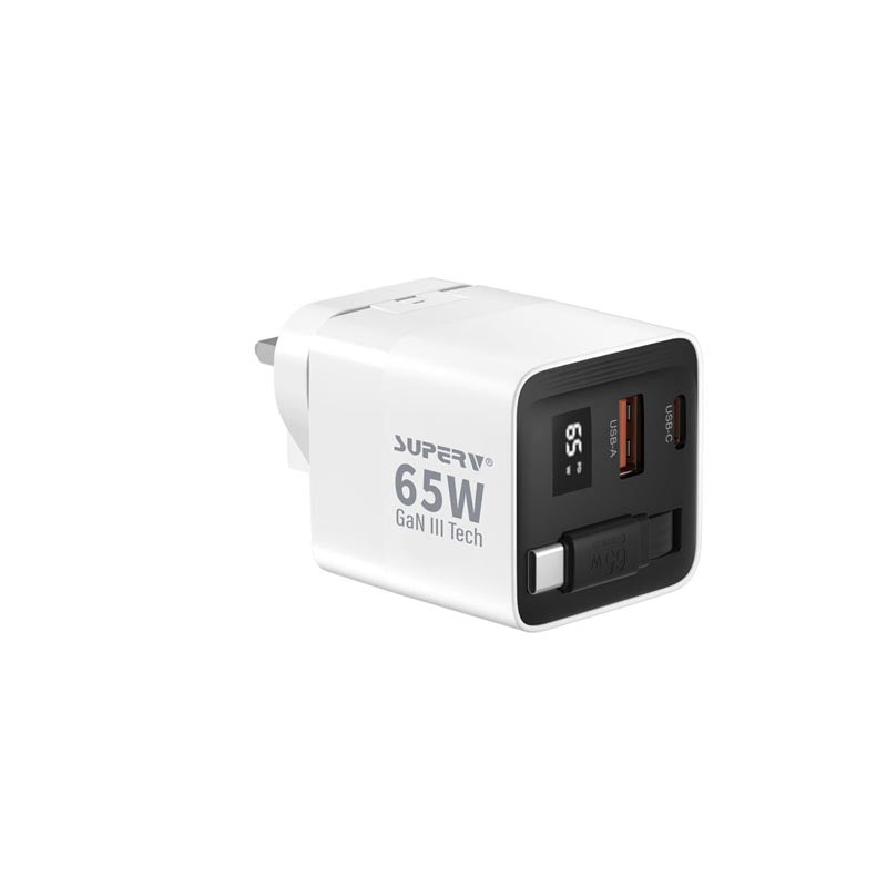SuperV G45-BK 65W Universal Travel Adapter with Build in 80cm C Cable (White)