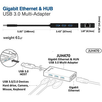 J5Create USB 3.0 Gigabit Ethernet & 3-Port HUB (JUH470)
