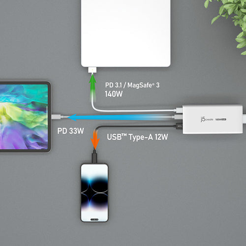 J5Create JUP3718 185W Gan PD3.1 USB-C 3-Port Charger