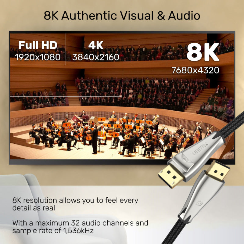 Unitek C1609BNI Display Port 1.4 Cable (8K 60Hz, 4K 144Hz, 1440p 240Hz) 3M