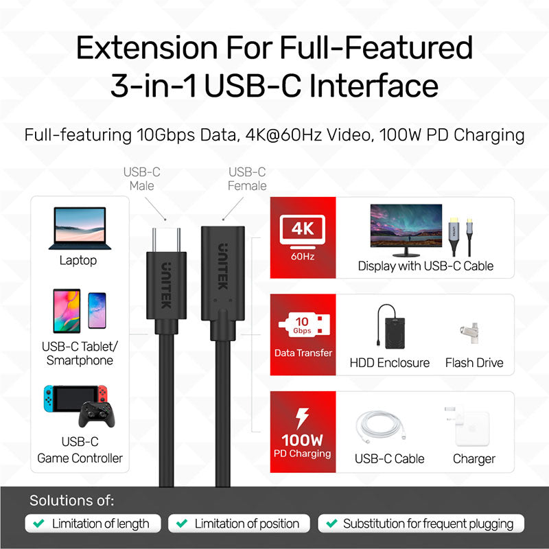 Unitek C14086BK USB 3.1 C to C Extension 10Gbps PD 100W Cable (1M)