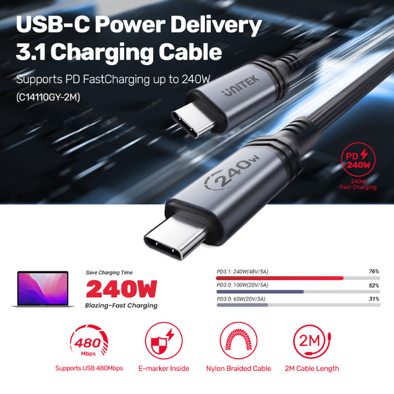 Unitek C14110GY-2M USB-C 3.1 PD Charging 240W Cable (2M)
