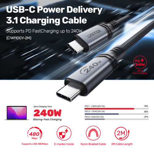 Unitek C14110GY-2M USB-C 3.1 PD Charging 240W Cable (2M)