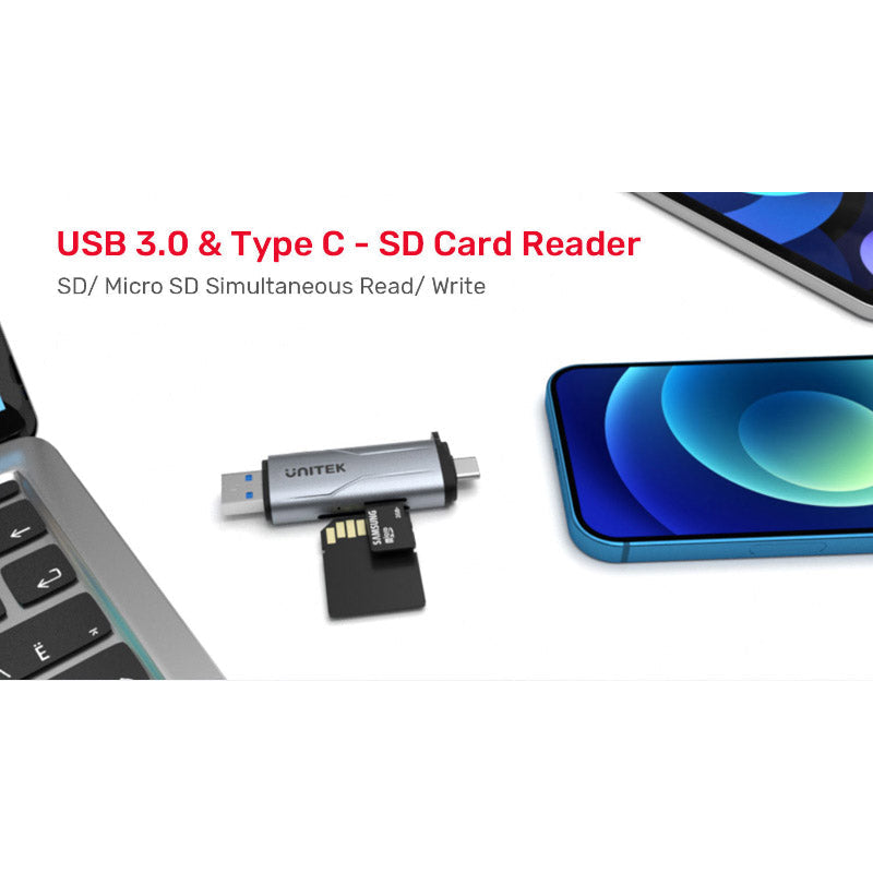 Unitek R1010A 2-in-1 USB-C and USB 3.0 Card Reader