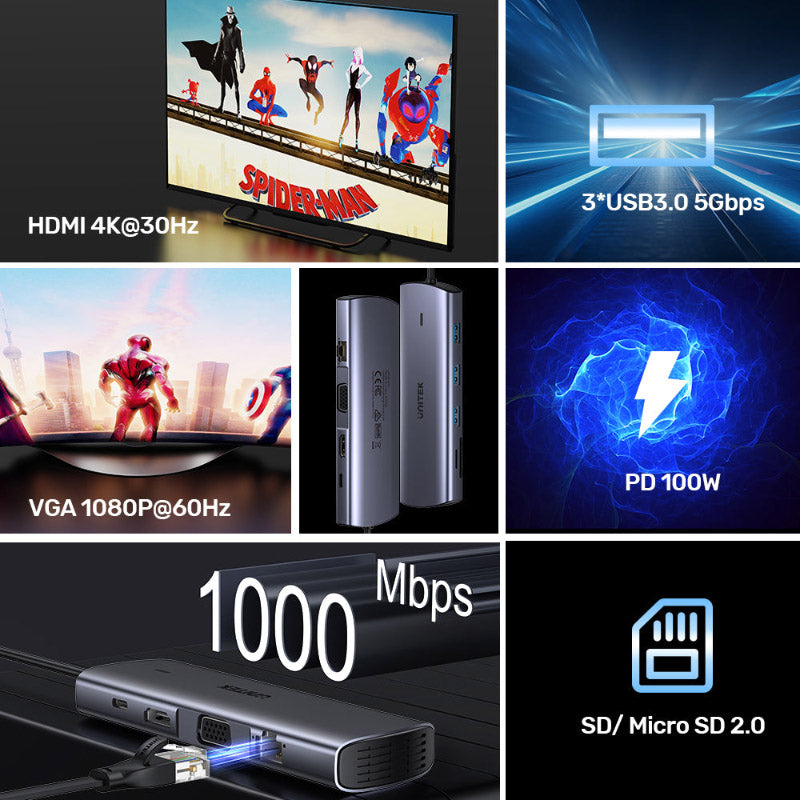 Unitek D1113A 9-in-1 PD100W USB-C Hub Ethernet + VGA + HDMI