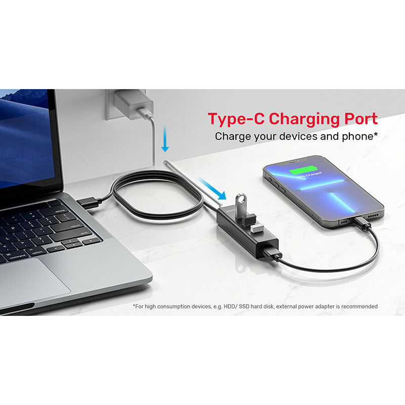 Unitek Y-3089V 4-in-1 USB-A Hub + USB-C 5V Power Cable (1.2M)