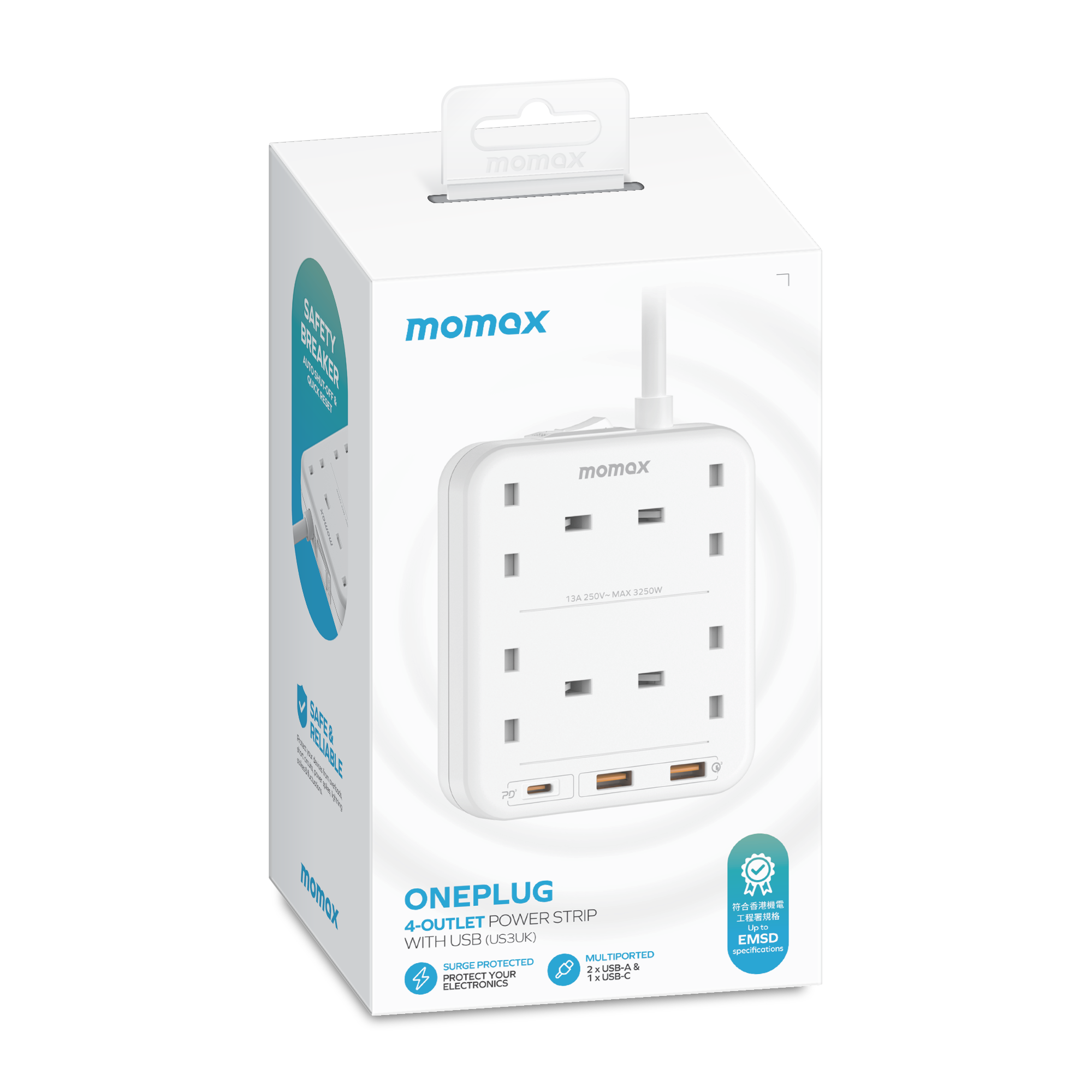 Momax US3UKW ONEPLUG 4-Outlet Power Strip with USB (White)