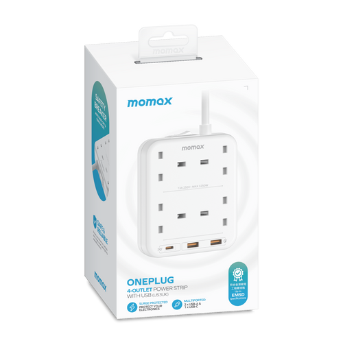 Momax US3UKW ONEPLUG 4-Outlet Power Strip with USB (White)