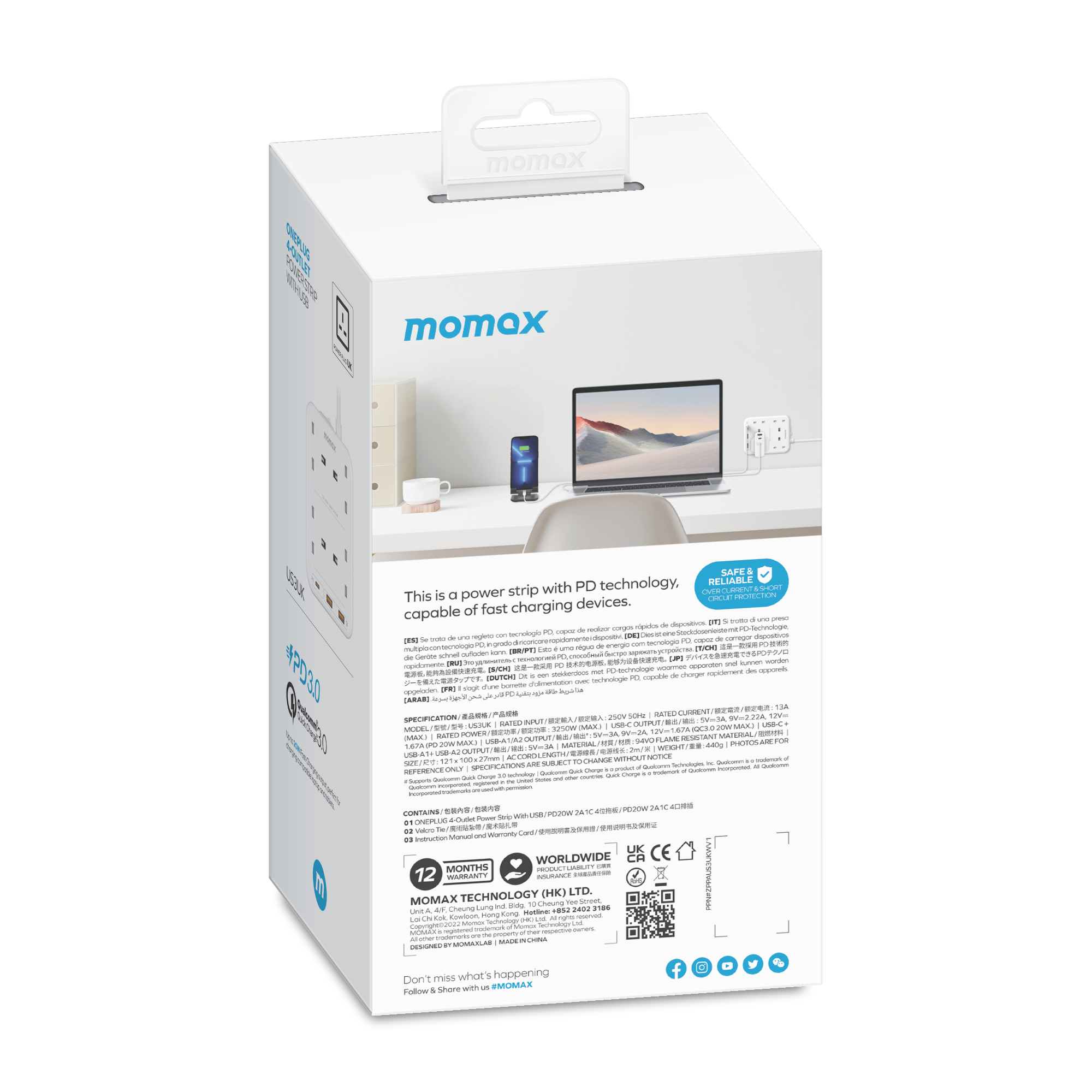 Momax US3UKW ONEPLUG 4-Outlet Power Strip with USB (White)