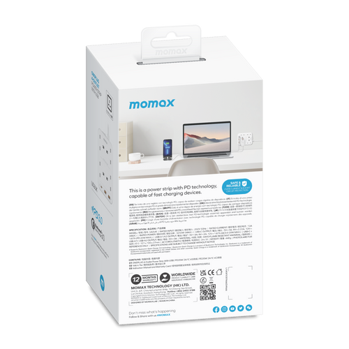 Momax US3UKW ONEPLUG 4-Outlet Power Strip with USB (White)