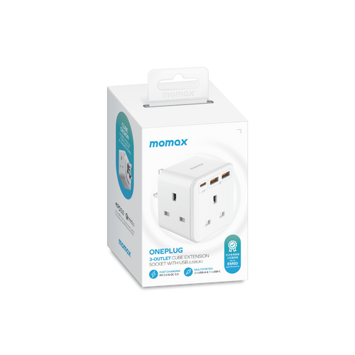 Momax US8UKW ONEPLUG 3-Outlet Cube Extension with USB (White)