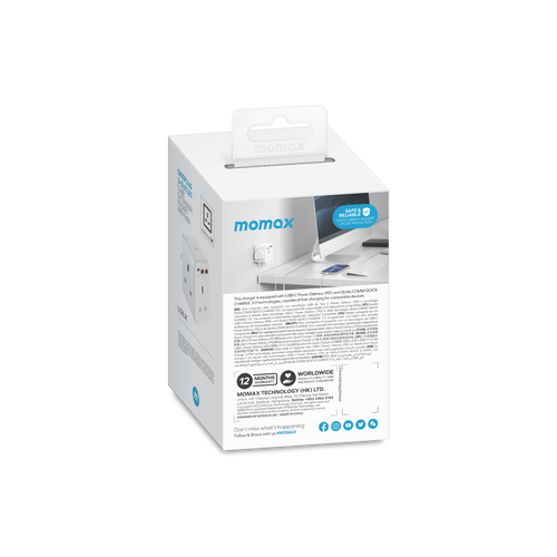 Momax US8UKW ONEPLUG 3-Outlet Cube Extension with USB (White)