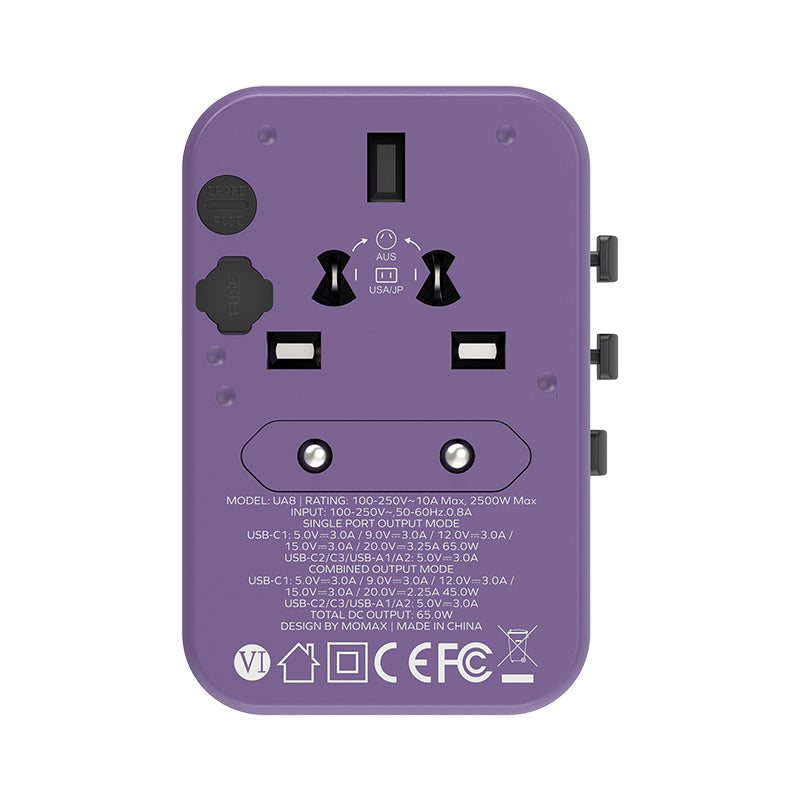 Momax UA8U 1-World 65W GaN AC Travel Adaptor (Purple)