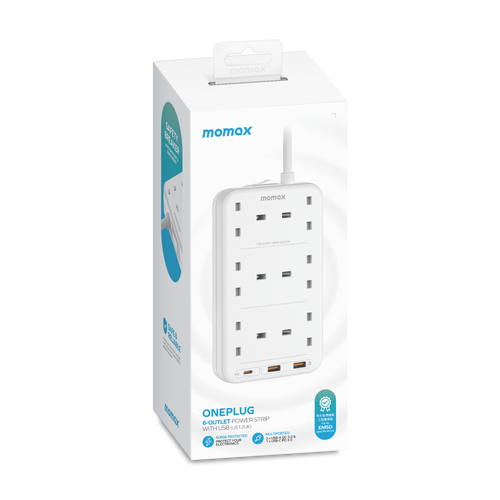 Momax US12UKW ONEPLUG 6-Outlet Power Strip with USB (White)