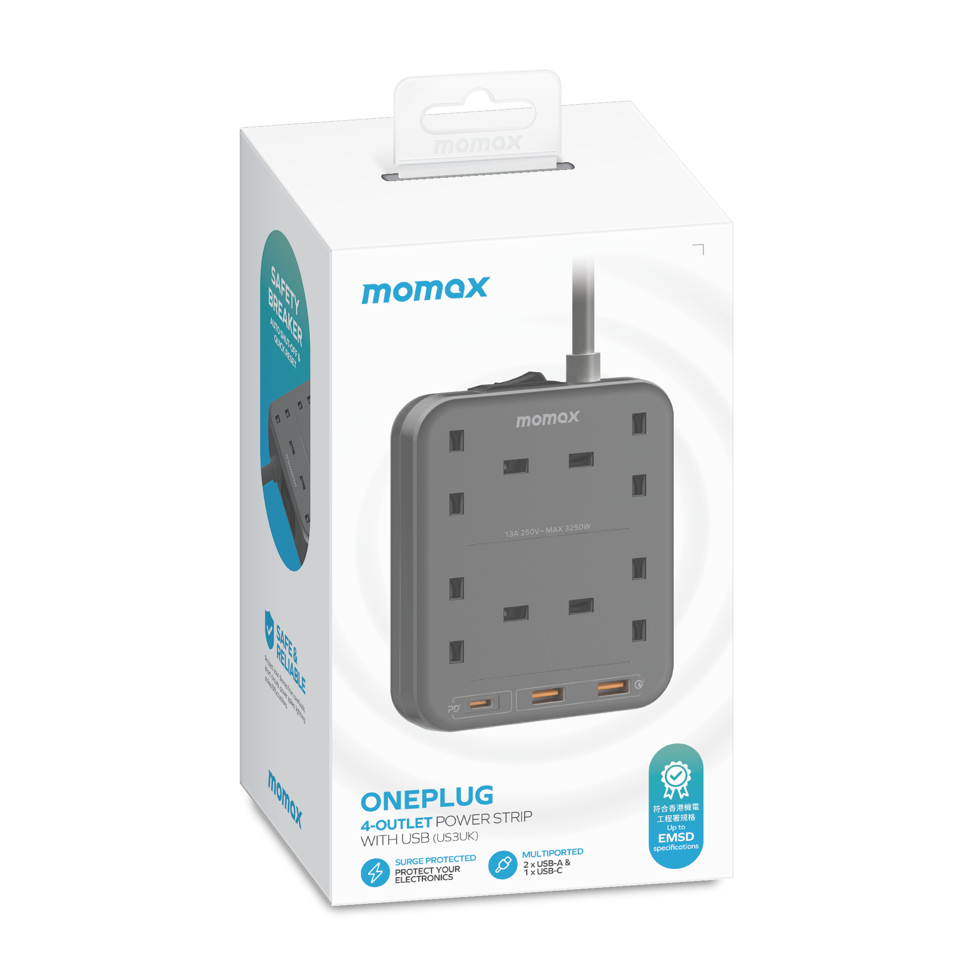 Momax US3UKE ONEPLUG 4-Outlet Power Strip with USB (Space Grey)