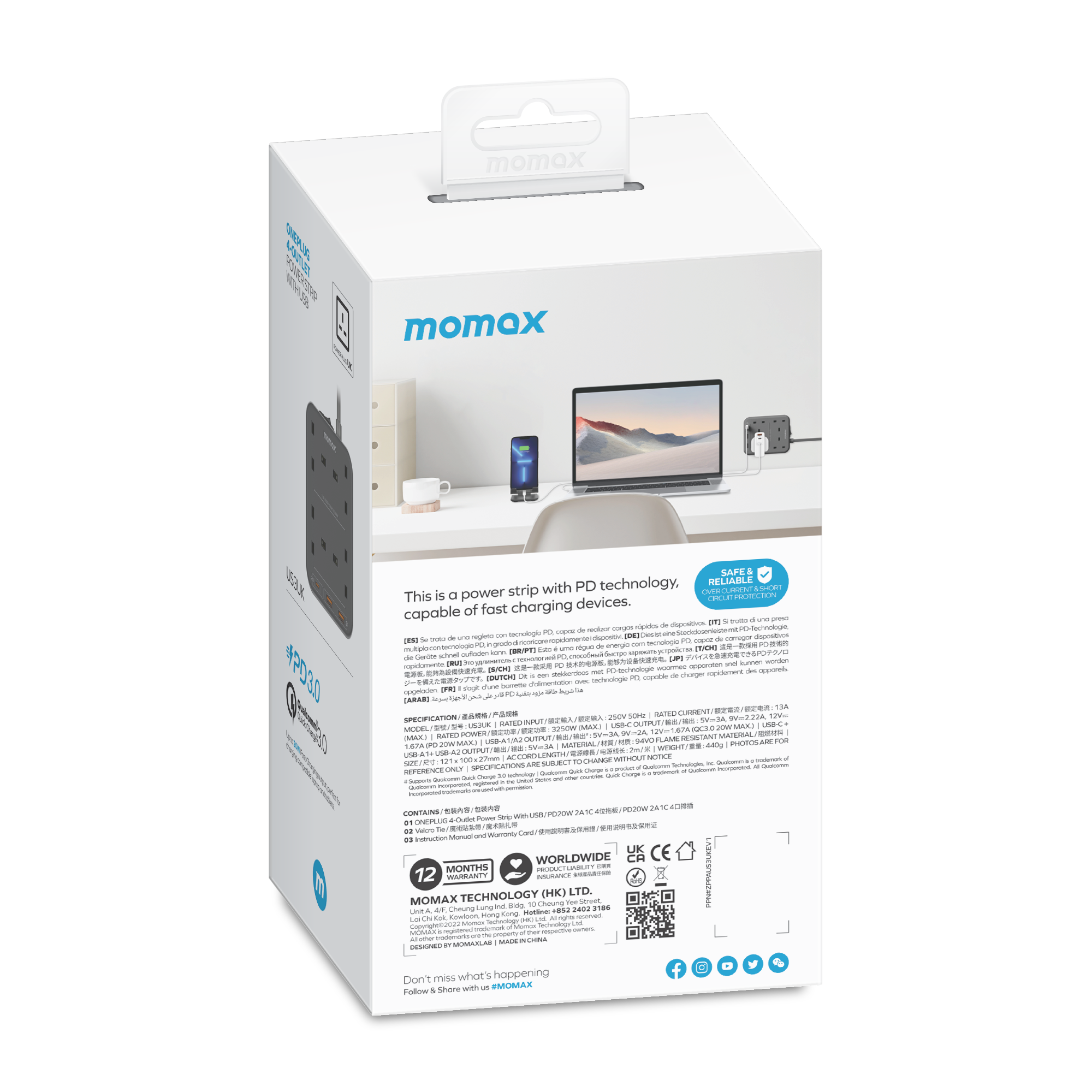 Momax US3UKE ONEPLUG 4-Outlet Power Strip with USB (Space Grey)