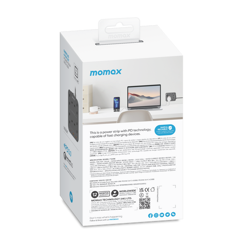 Momax US3UKE ONEPLUG 4-Outlet Power Strip with USB (Space Grey)