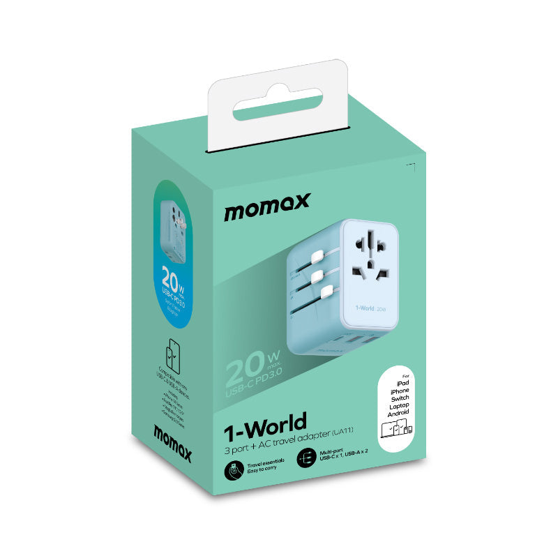 Momax UA11B 1-World 20W 3-Port + AC Travel Adapter - Blue