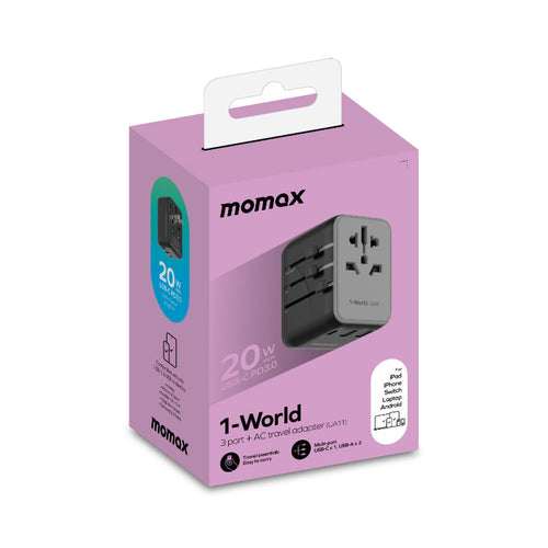 Momax UA11D 1-World 20W 3-Port + AC Travel Adapter - Black