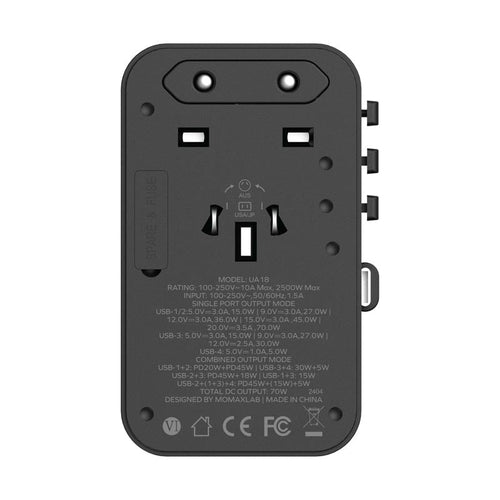 Momax UA18D 1-World 70W GaN 3-Port + AC Travel Adapter With Built-in USB-C Cable (Black)