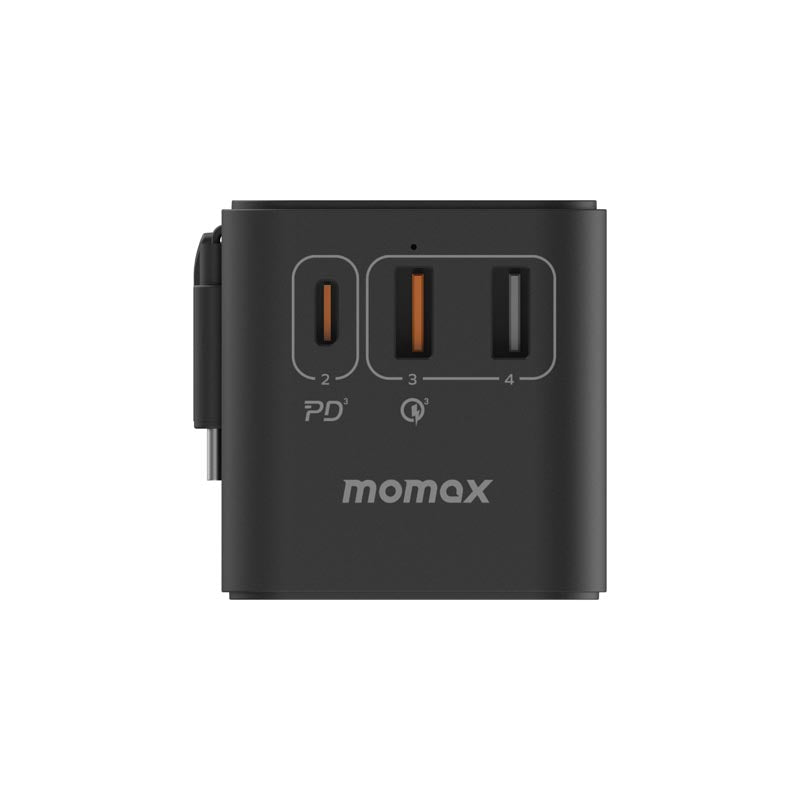 Momax UA18D 1-World 70W GaN 3-Port + AC Travel Adapter With Built-in USB-C Cable (Black)