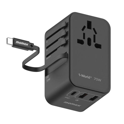 Momax UA18D 1-World 70W GaN 3-Port + AC Travel Adapter With Built-in USB-C Cable (Black)