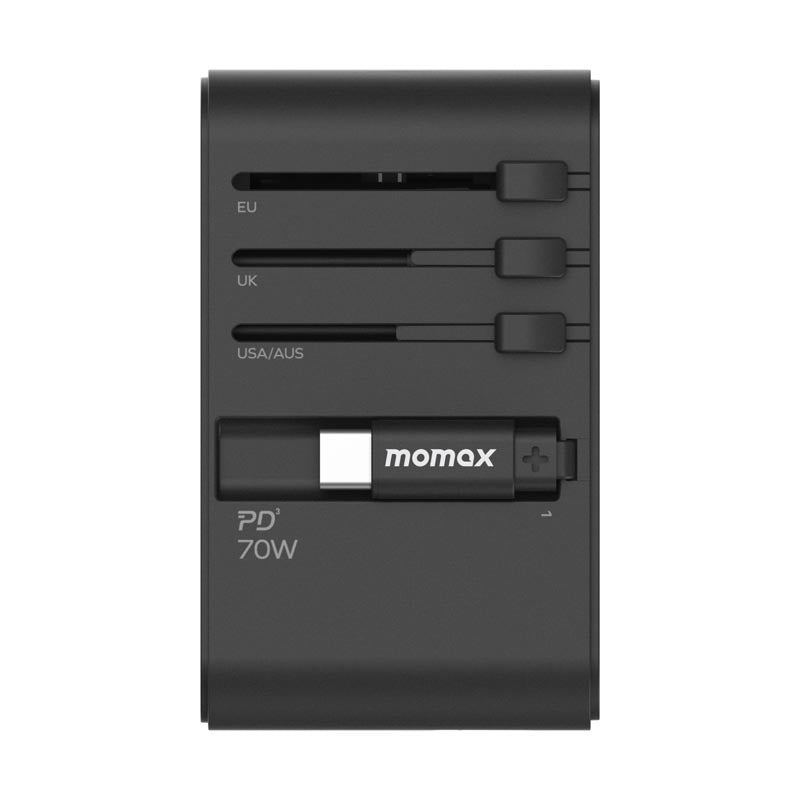 Momax UA18D 1-World 70W GaN 3-Port + AC Travel Adapter With Built-in USB-C Cable (Black)