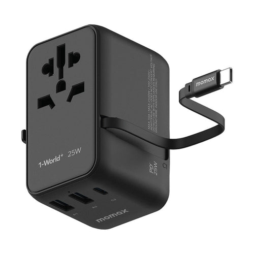 Momax UA20D 1-World+ 25W 3-Port AC Travel Adapter with Built-in USB-C Cable - Black