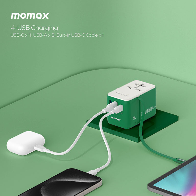 Momax UA20D 1-World+ 25W 3-Port AC Travel Adapter with Built-in USB-C Cable - Black