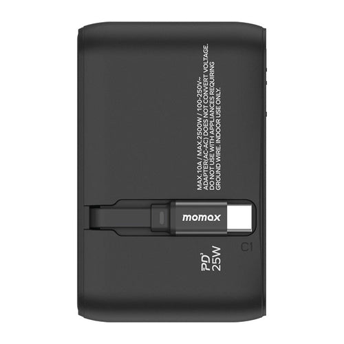 Momax UA20D 1-World+ 25W 3-Port AC Travel Adapter with Built-in USB-C Cable - Black