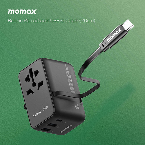 Momax UA20D 1-World+ 25W 3-Port AC Travel Adapter with Built-in USB-C Cable - Black