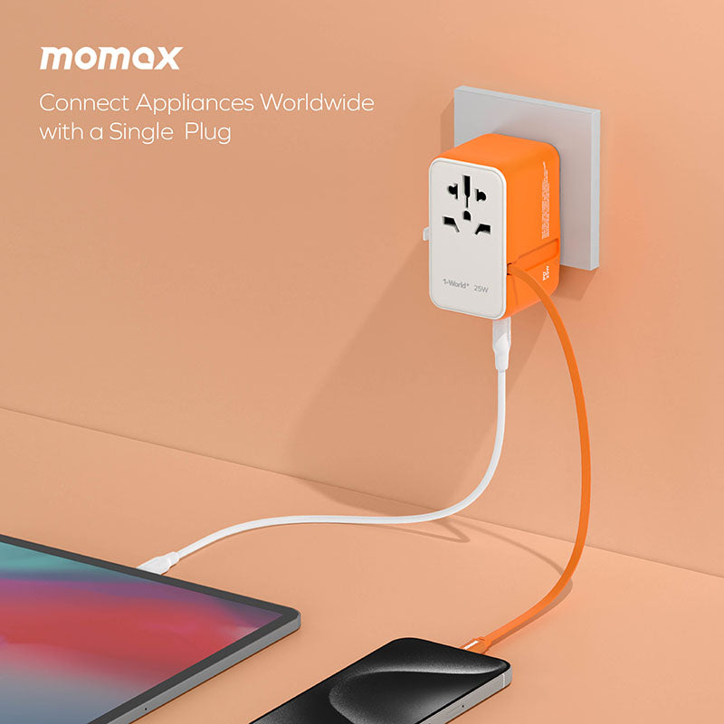 Momax UA20D 1-World+ 25W 3-Port AC Travel Adapter with Built-in USB-C Cable - Black