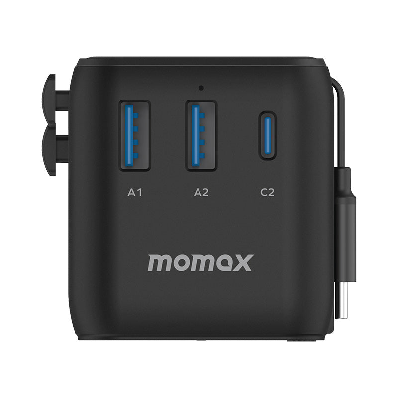 Momax UA20D 1-World+ 25W 3-Port AC Travel Adapter with Built-in USB-C Cable - Black