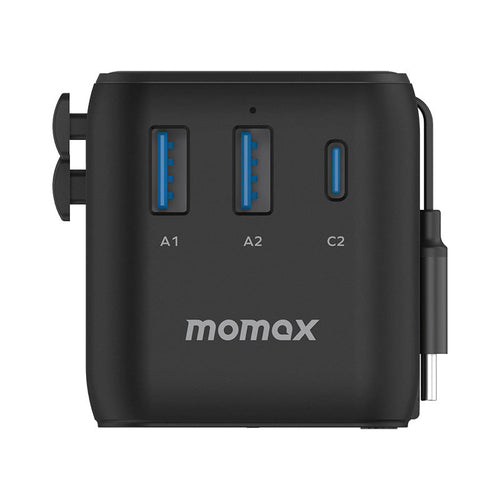 Momax UA20D 1-World+ 25W 3-Port AC Travel Adapter with Built-in USB-C Cable - Black