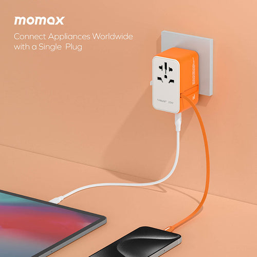 Momax UA20G 1-World+ 25W 3-Port AC Travel Adapter with Built-in USB-C Cable - Green
