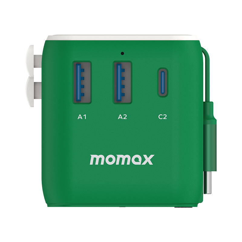 Momax UA20G 1-World+ 25W 3-Port AC Travel Adapter with Built-in USB-C Cable - Green