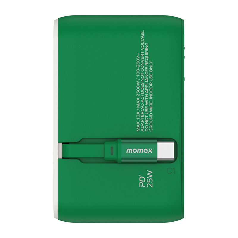 Momax UA20G 1-World+ 25W 3-Port AC Travel Adapter with Built-in USB-C Cable - Green