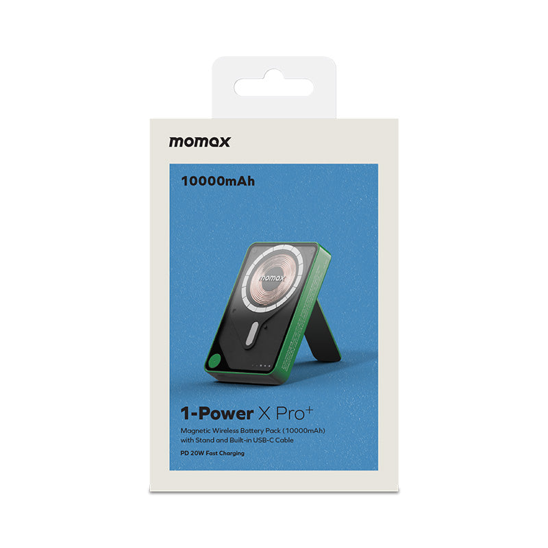 Momax IP132HKG 1-Power X Pro+ 20W 10,000mAh Magnetic Wireless Battery Pack with Built-In USB-C Cable (Green)