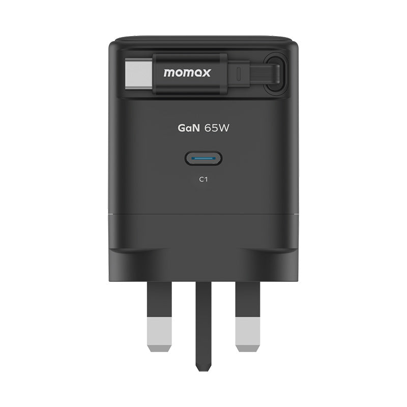 Momax UM76UKD 1-Charge+ 65W 1-Port GaN Charger with Retractable USB-C Cable - Black