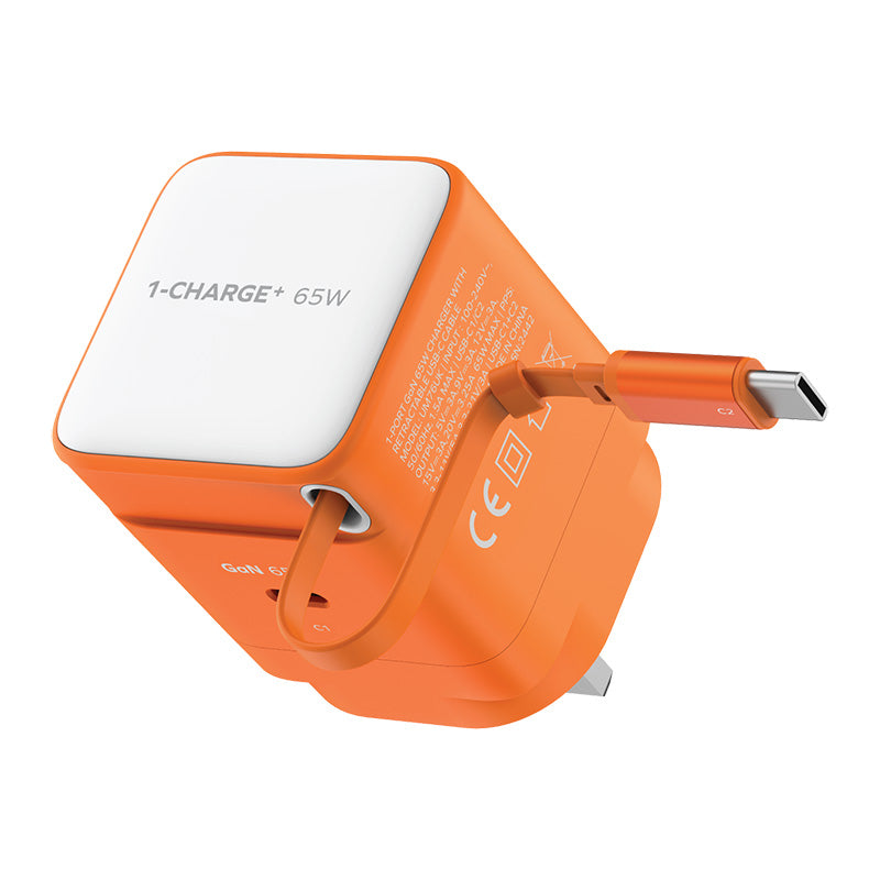 Momax UM76UKM 1-Charge+ 65W 1-Port GaN Charger with Retractable USB-C Cable - Orange