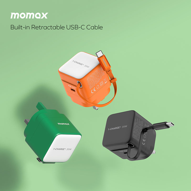Momax UM72UKM 1-Charge+ 35W 1-Port GaN Charger with Retractable USB-C Cable - Orange