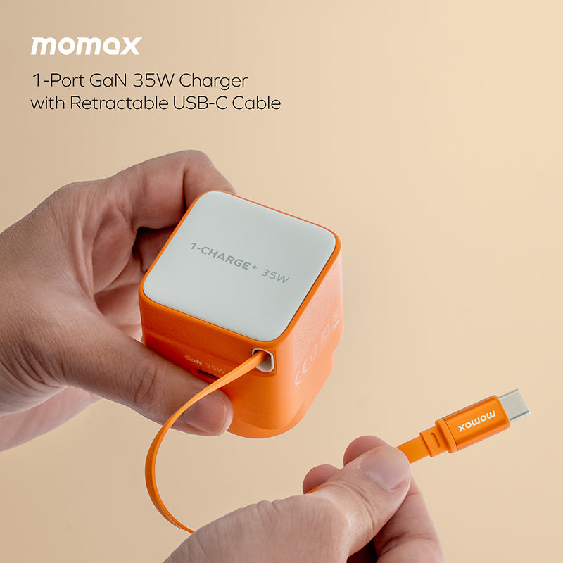 Momax UM72UKM 1-Charge+ 35W 1-Port GaN Charger with Retractable USB-C Cable - Orange