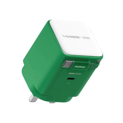 Momax UM76UKG 1-Charge+ 65W 1-Port GaN Charger with Retractable USB-C Cable - Green