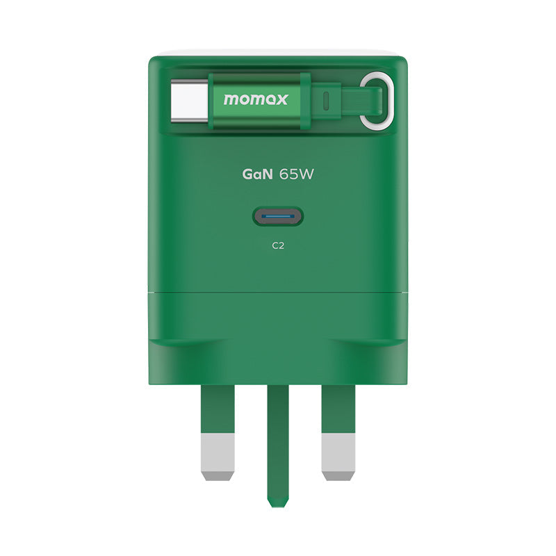 Momax UM76UKG 1-Charge+ 65W 1-Port GaN Charger with Retractable USB-C Cable - Green